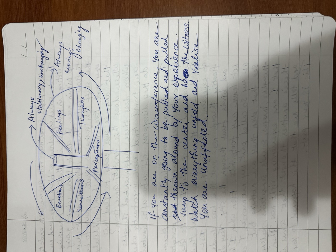The notebook page: a wheel with five spokes, emotions, feelings, sensations, thoughts and perceptions, around a still hub.